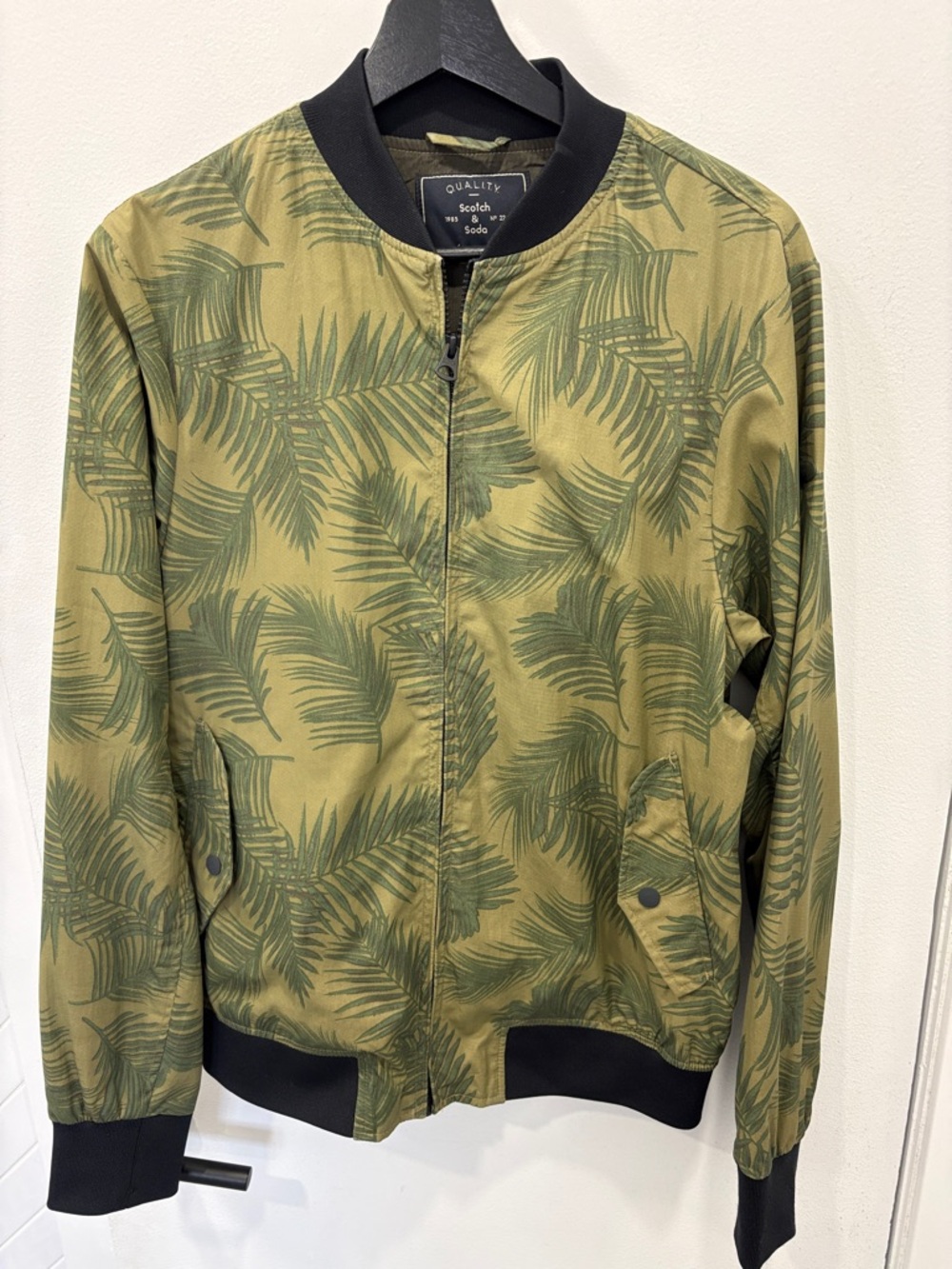 Scotch & Soda Olive Green Palm-Print Bomber with navy Trim